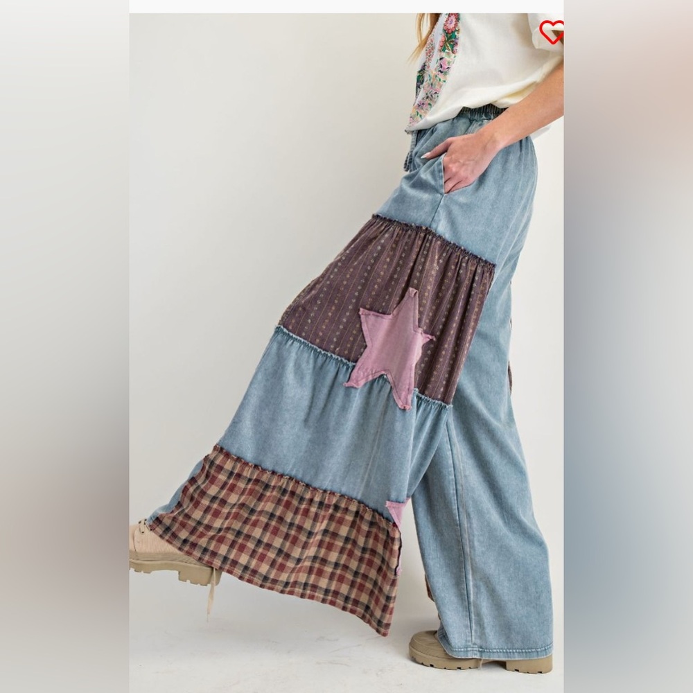 Easel Wide Leg Pants with Patchwork Design